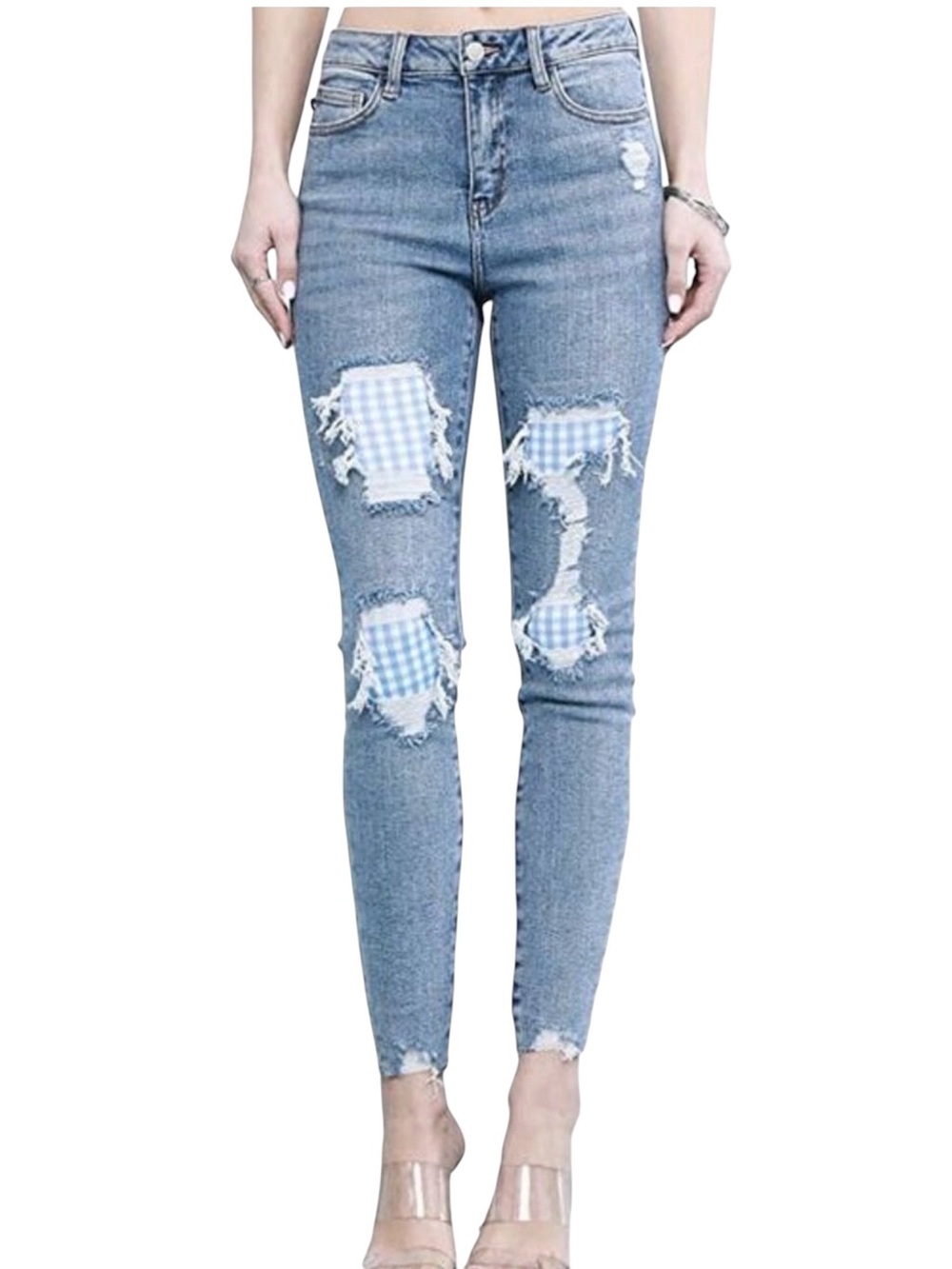JUDY BLUE Distressed Gingham Patch High Rise Skinny Jeans 9/29